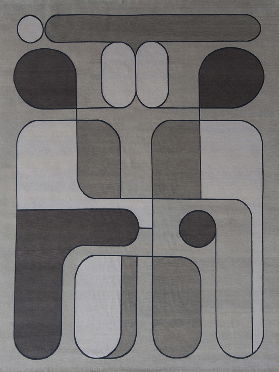 Hand knotted artisanal grey, black and white rug 