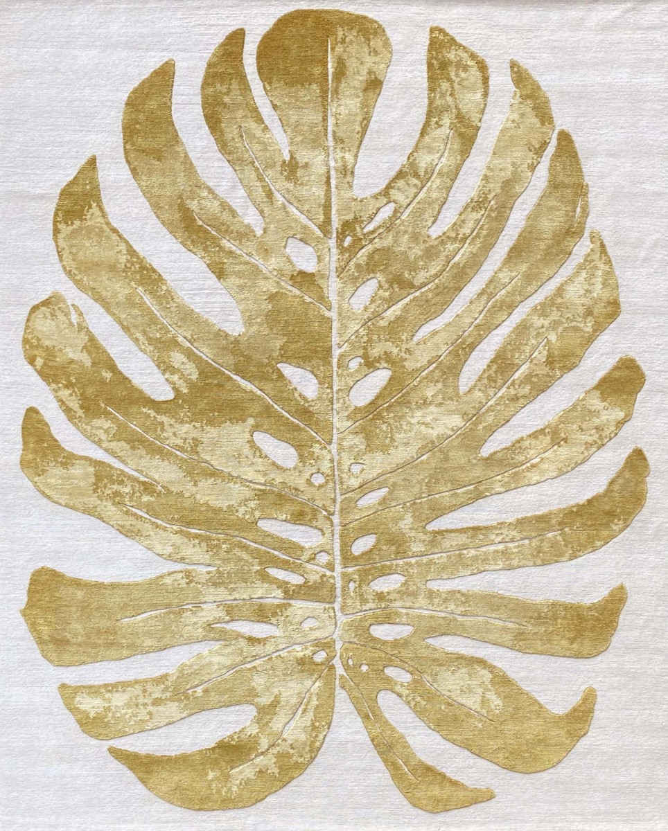 Monstera leaf  gold and cream wool rug botanical leaf 