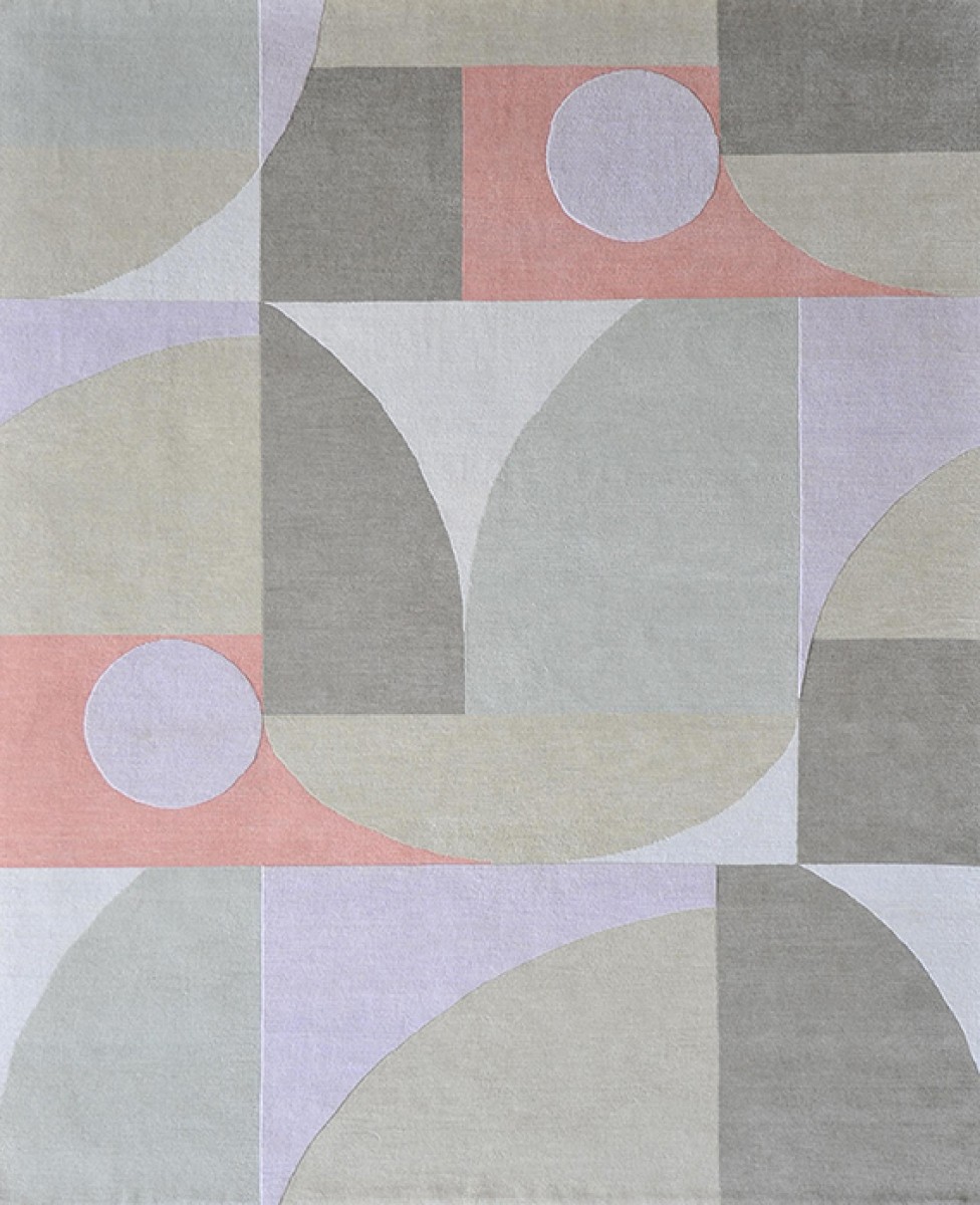 Geometric hand knotted pink, green, lavender, neutral rug, circles, squares and alternative shapes
